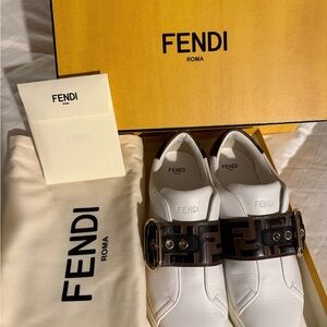 Fendi White and Brown Logo Sneakers